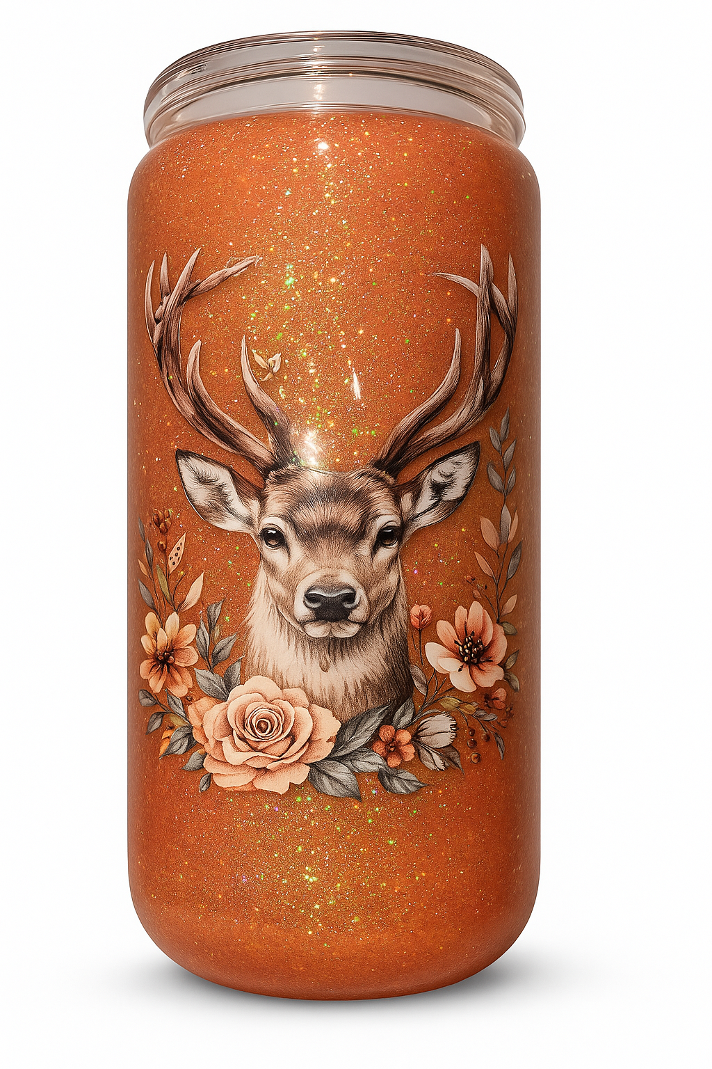 Deer and Flowers Peach Glitter Snow Globe Cup