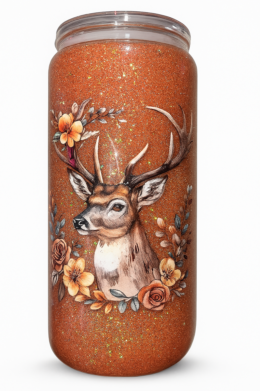 Deer and Flowers Peach Glitter Snow Globe Cup